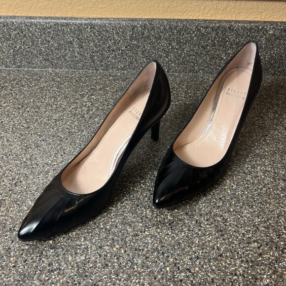 Stuart Weitzman Womens Size 7N Mid Heels Pump Shoes Black Ruched Leather Slip On - Picture 3 of 11